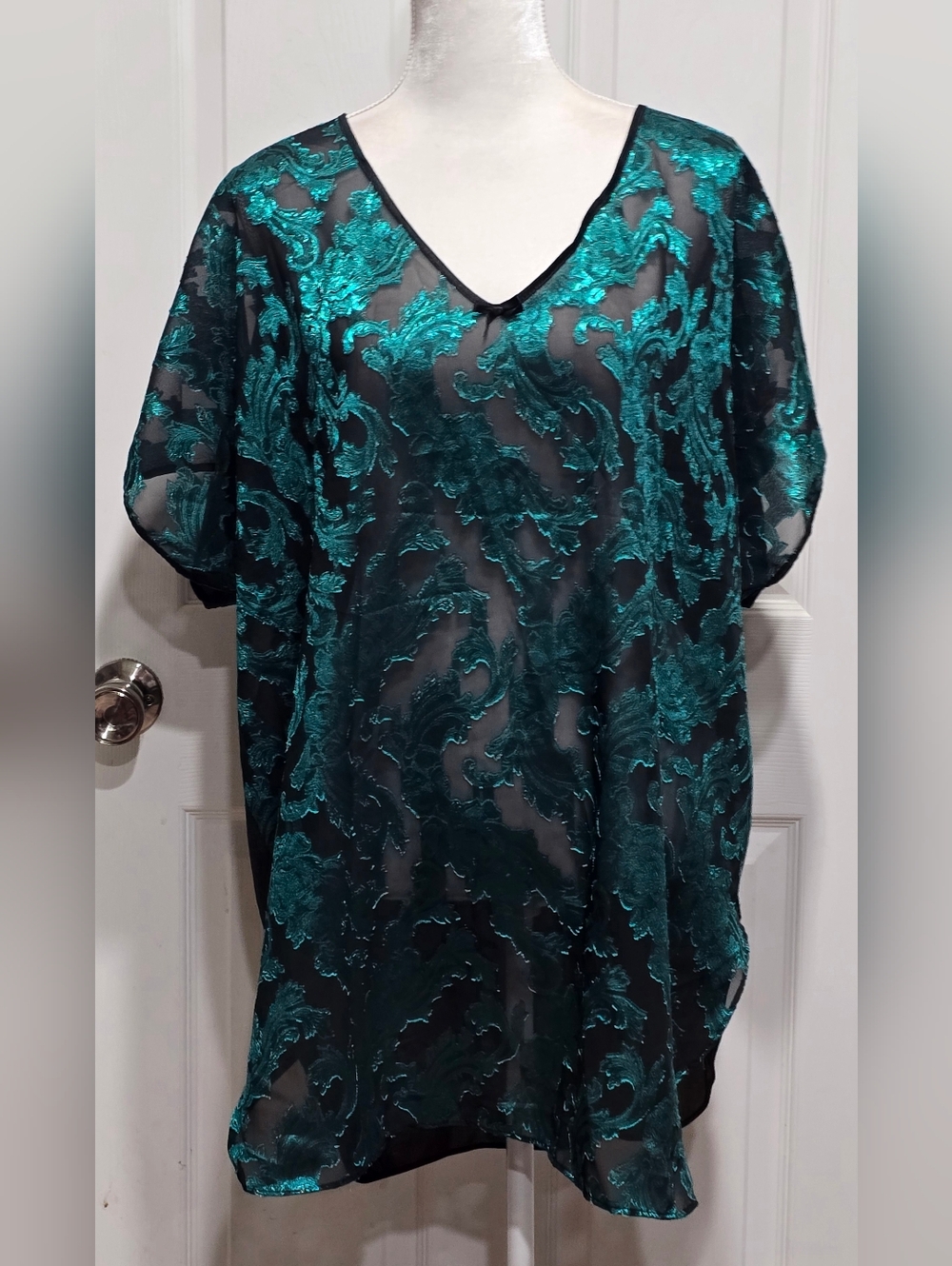Vintage Frederick's Of Hollywood Semi Sheer Teal Green & Black Paisley Nightgown